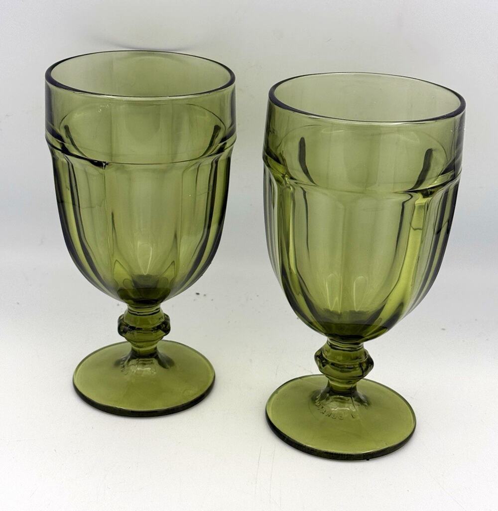 Duralex Green Glass Goblets Set of 2 Footed Stemware 5.5in Tall 3.5in Dia